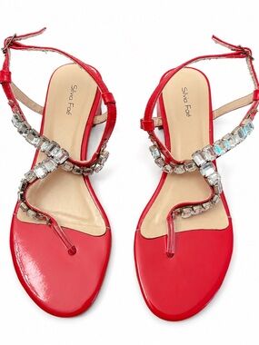 Silvia Faé Red Crystal Embellished T-Strap Sandals Heels Size 10